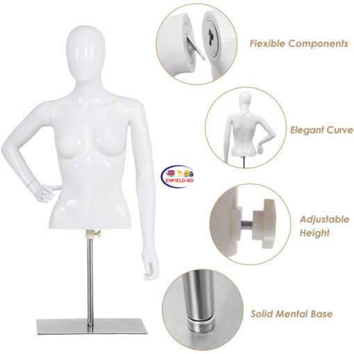 Enfield-bd.com Mannequins And Display Dummy Female Fiberglass Mannequin with Metal Stand Torso Height Adjustable Detachable Arms Dress Form Display Bright White