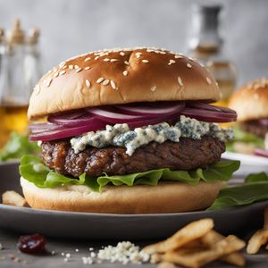 Elk Burger with Caramelized Onions and Blue Cheese
