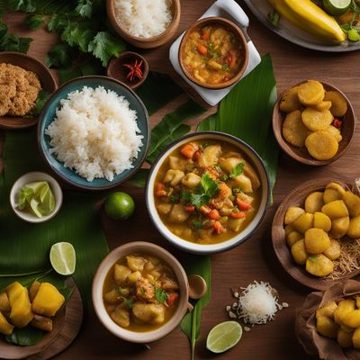 Stewed Saltfish with Spicy Plantains, Coconut Dumplings and Seasoned Breadfruit