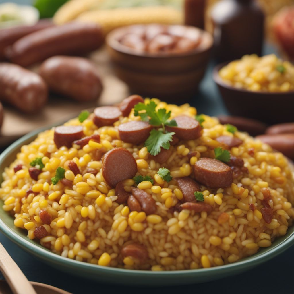 Arroz con maiz y salchichas