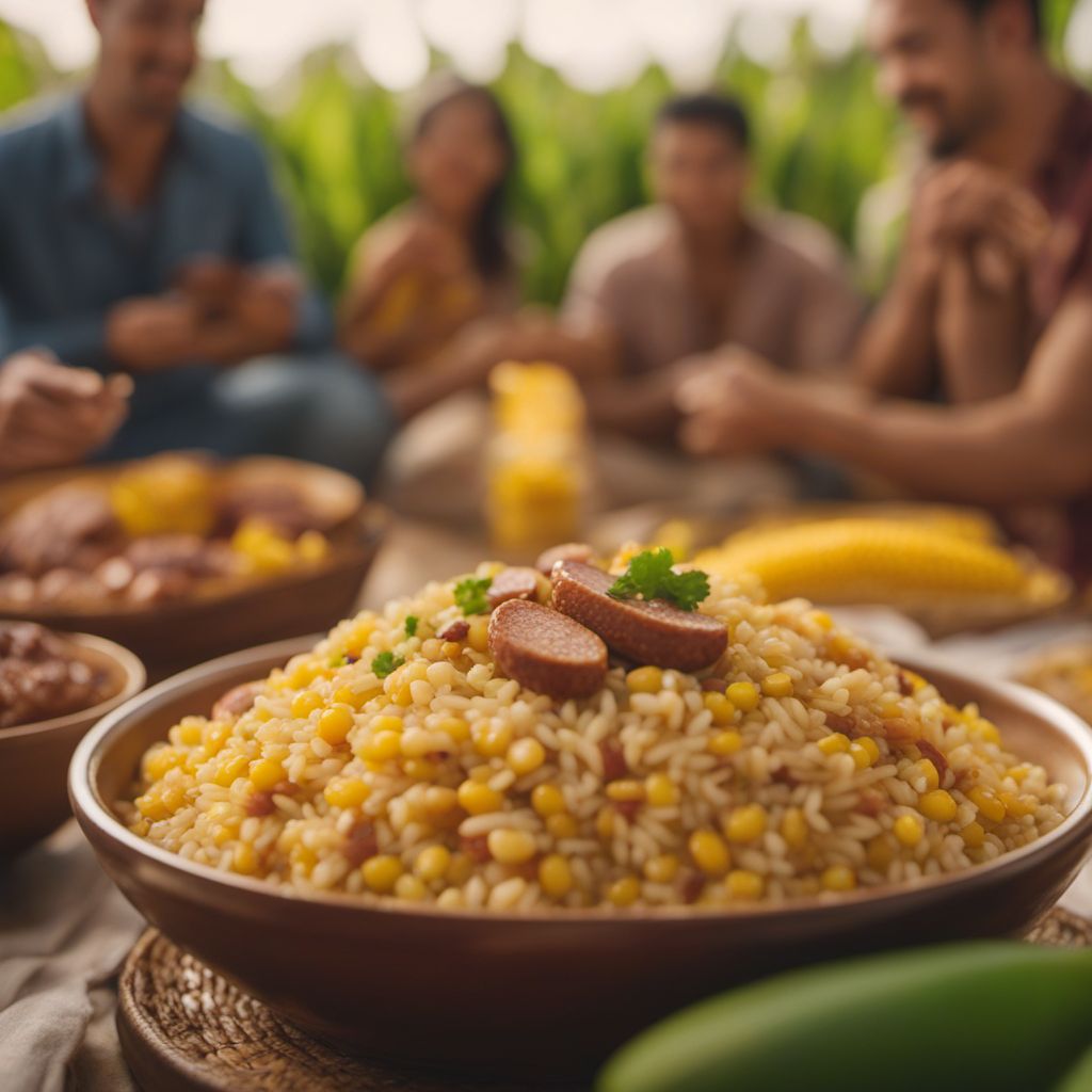 Arroz con maiz y salchichas