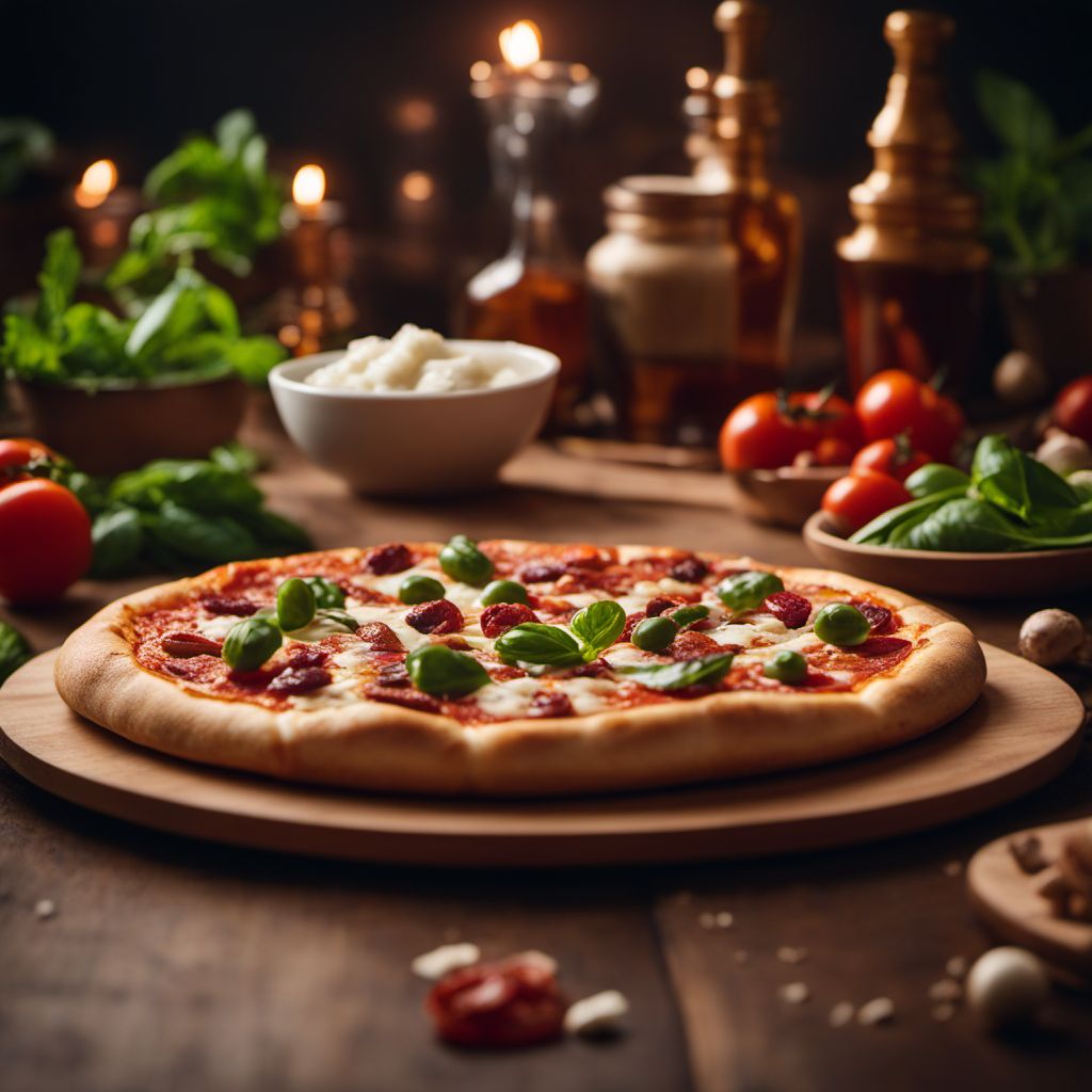 Pizza and similar with cheese, meat, and vegetables