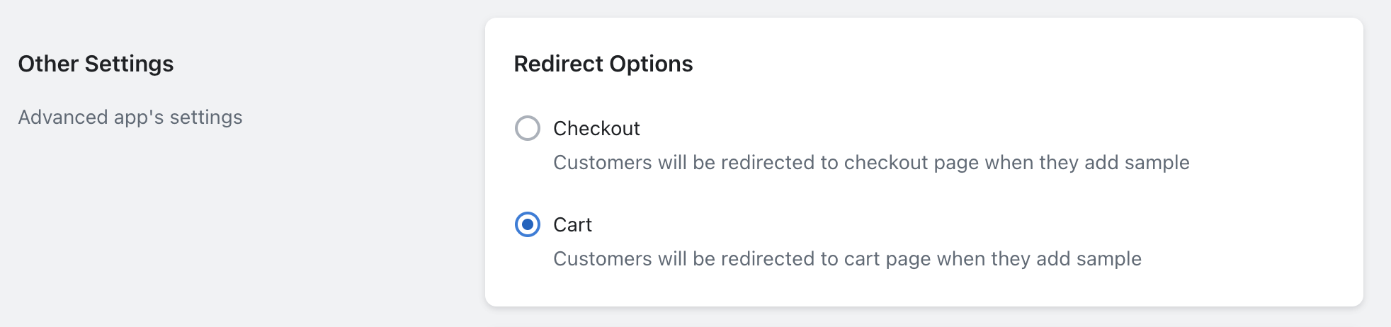 Redirect options - Huski Product sample shopify app