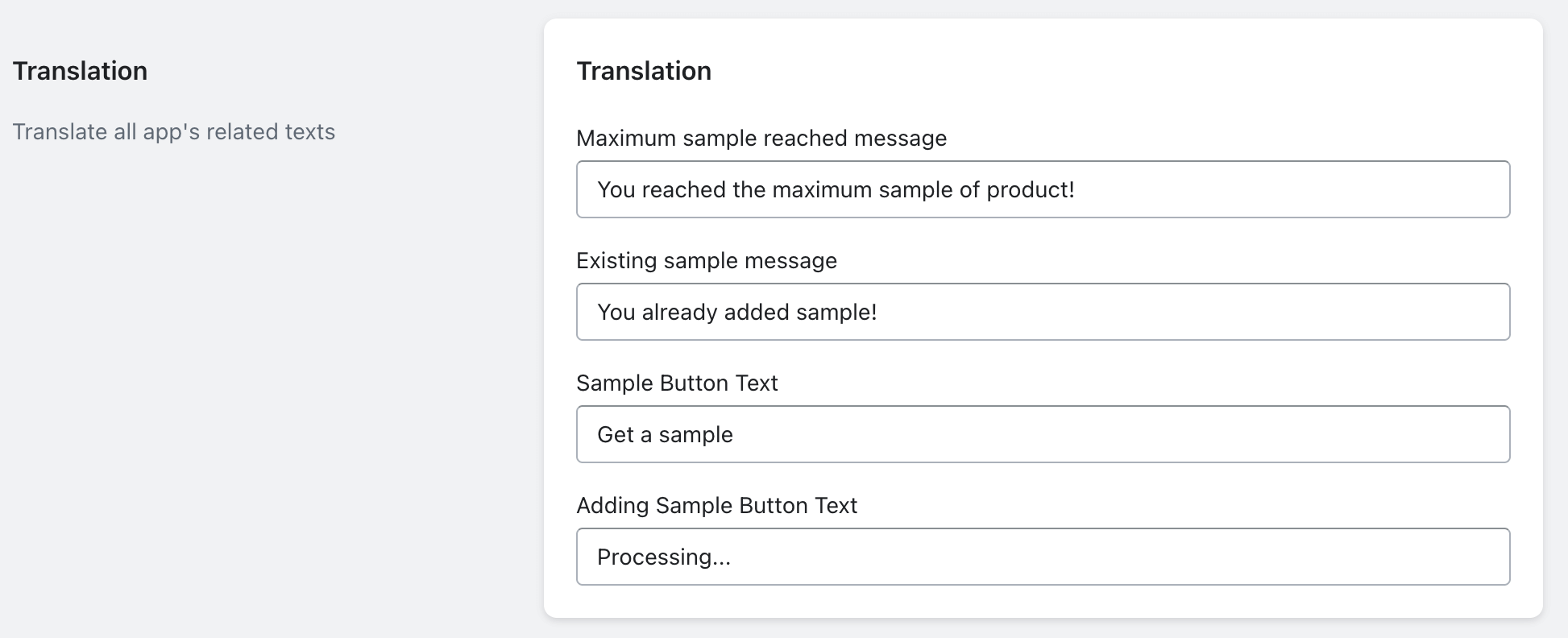 translation option - Huski Product sample shopify app