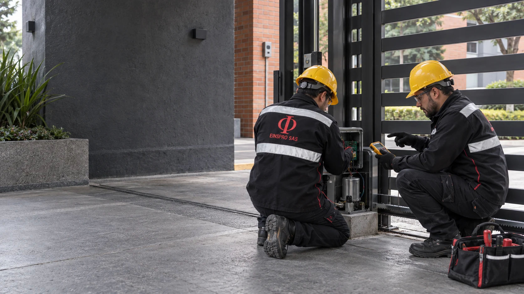 Visual conceptual de dos técnicos revisando el motor de una puerta automática; no corresponde a una obra documentada.