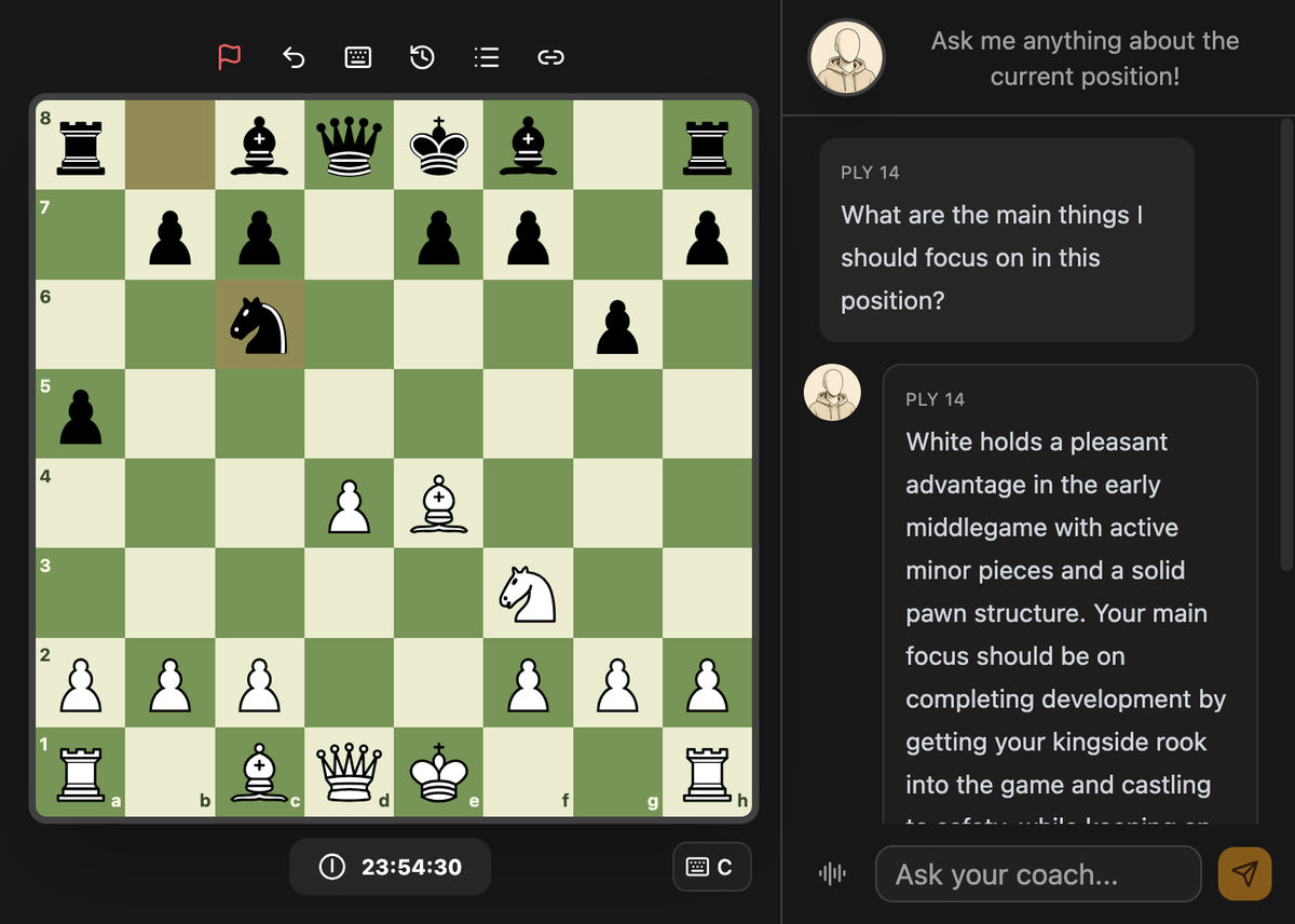 ChessCue game board and AI coach conversation