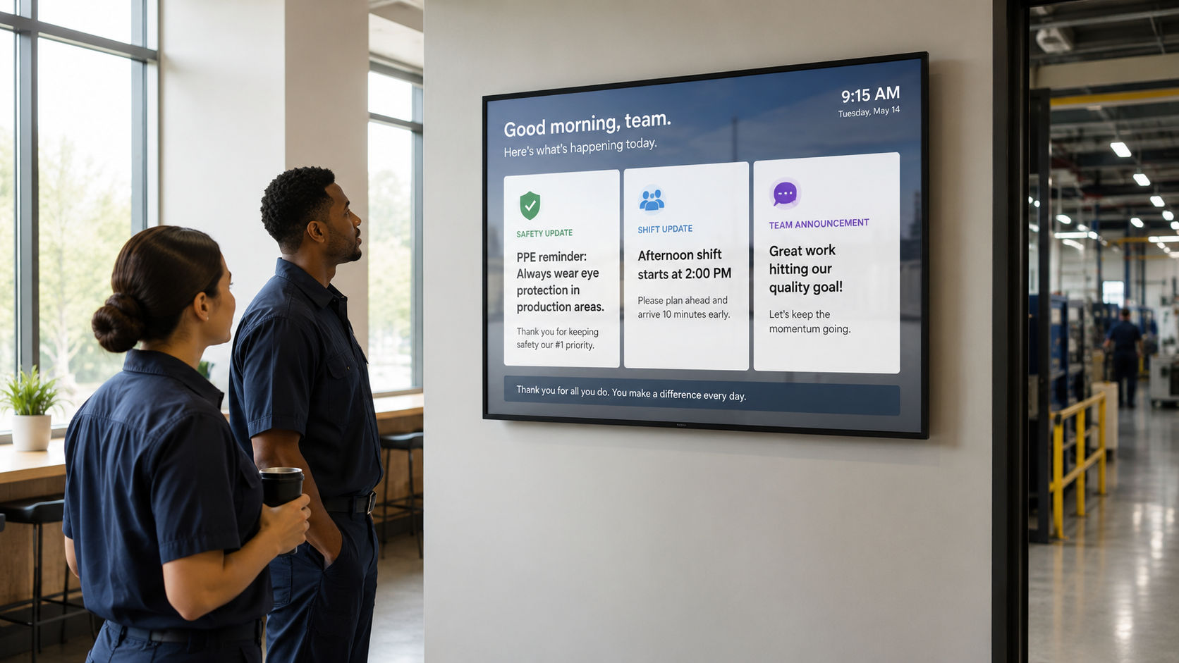 Employee reading information on a digital screen in a factory break room