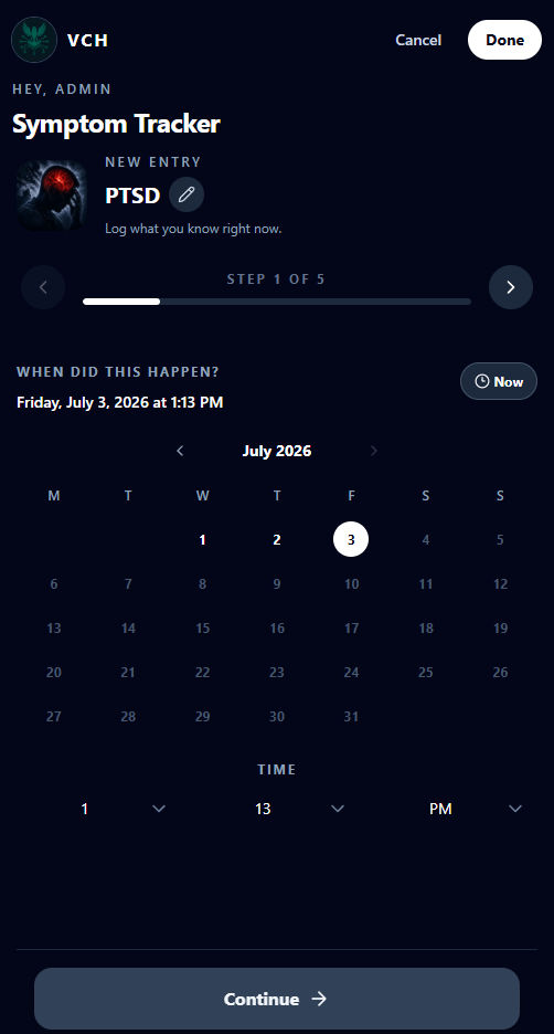 Symptom logging flow in the VCH Symptom Tracker