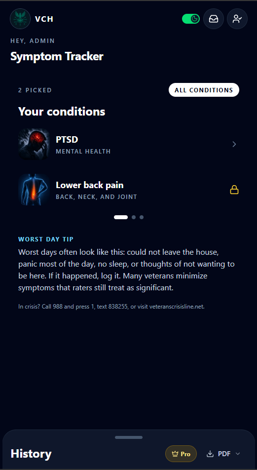 VCH Symptom Tracker home screen