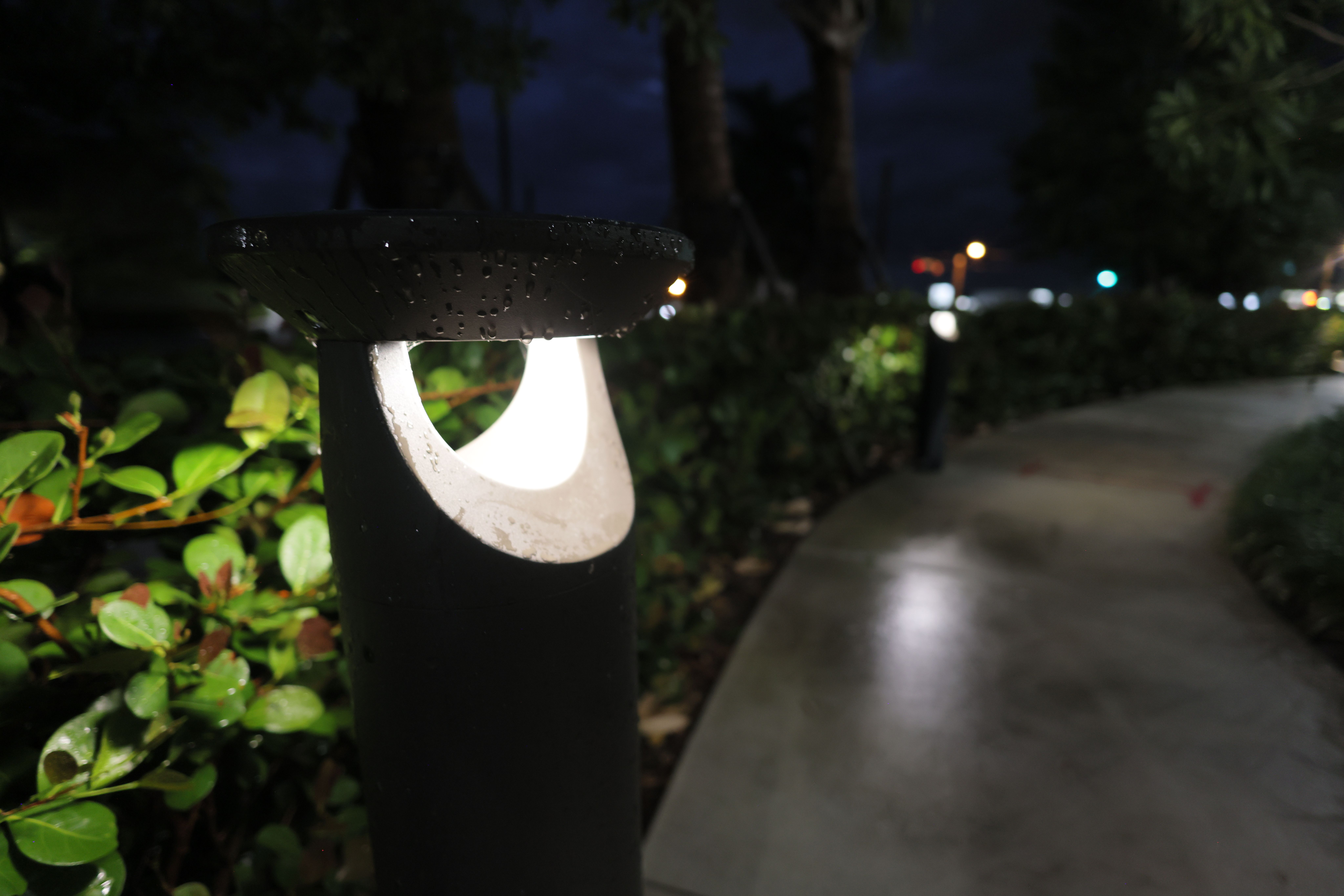 Westgate BOL-G5 solar bollard light lining a pedestrian pathway at Oceana Coffee