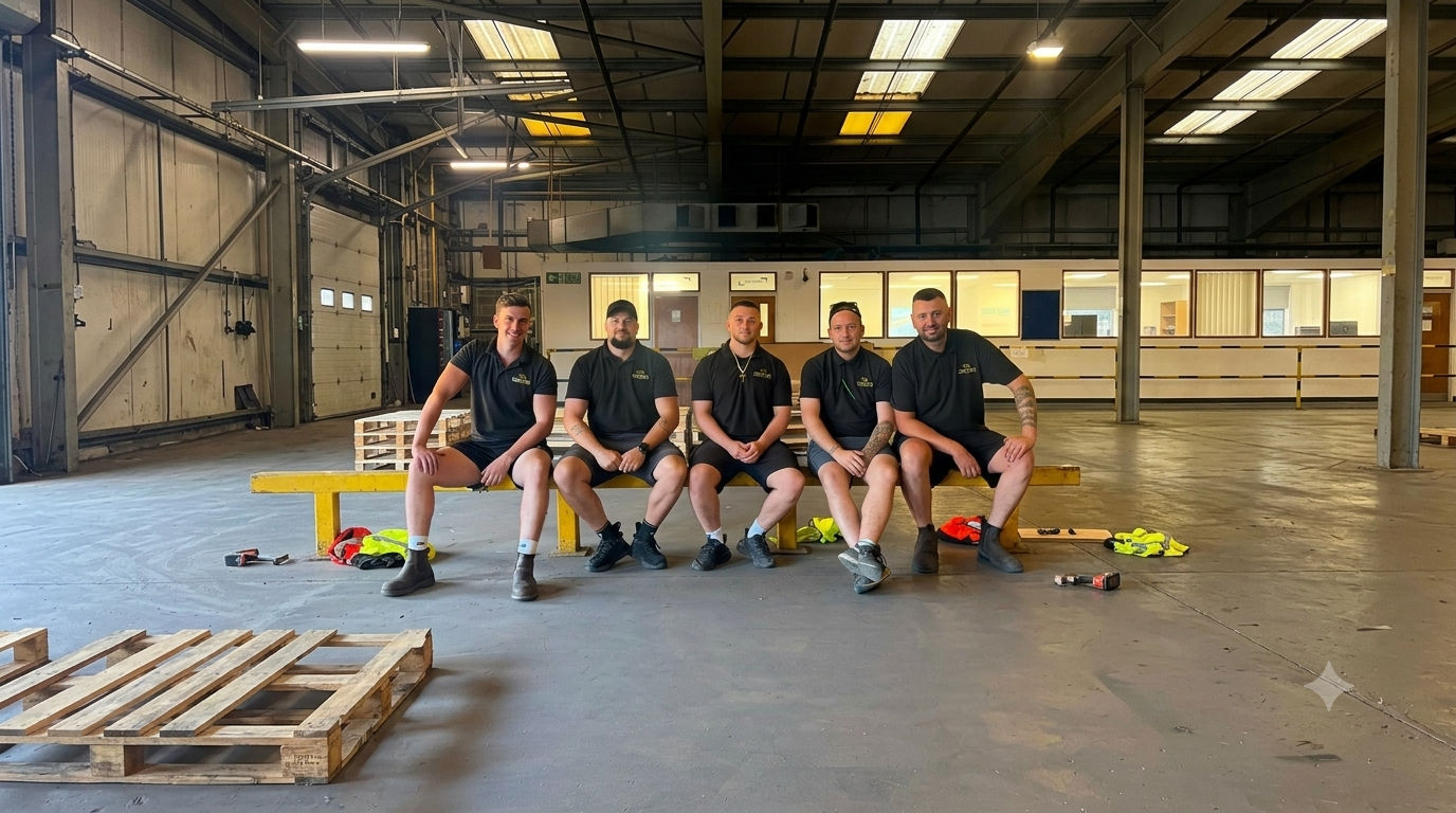 Professional Swainey's movers carefully lifting a wrapped sofa in a bright home