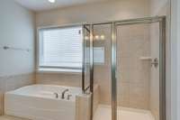 Your shower and tub with the frosted window that lets in light but also provides privacy.