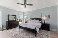 This relaxing master bedroom has more 8 in wide European Oak Hardwood with Shiplap covered ceilings. 