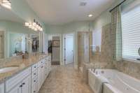 Expansive Owners bath with jetted tub, granite, and glass shower enclosure