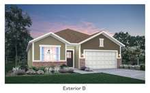 Exterior elevation rendering not true to color, but shows you shape and design of home's front. Materials are vinyl siding and brick