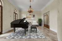 A large room sits to the left when you enter the home. It would be a great music room or lounge space.