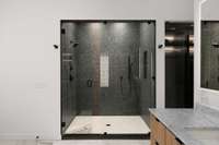 Walk-in shower with double head shower system.