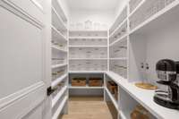 This walk-in pantry offers a multitude of storage for all of your everyday needs and entertainment.