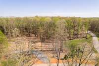 A drone shot showing the forested area surrounding the home site.