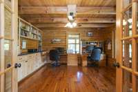 Beautiful built-in shelves and cabinets in the office and lovely views from the north side of the house