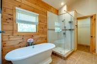 gorgous walk in shower and tub!  double sinnk, private window