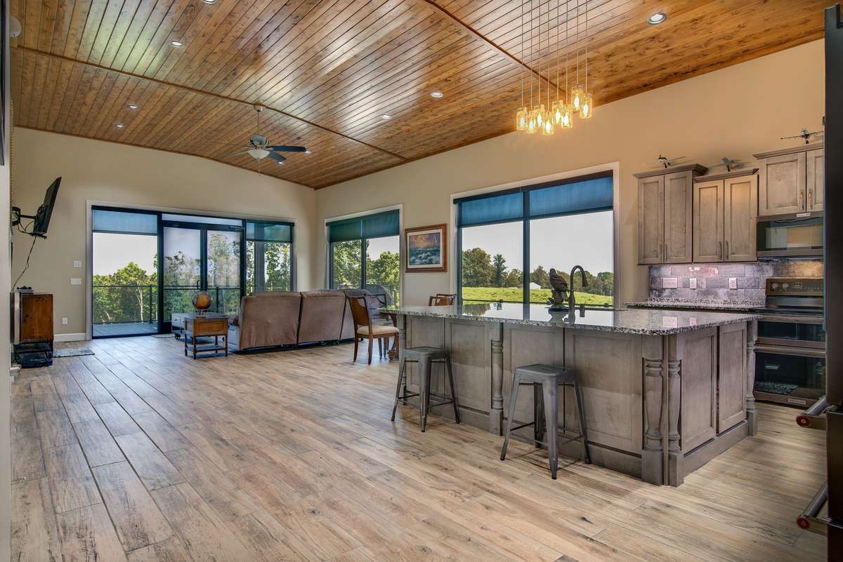 The living quarters are open concept with the living area open to the large kitchen.