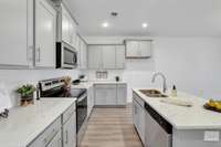 Gorgeous kitchen with granite and tiled backsplash featuring cabinets galore and a walk-in pantry! The home featured in these photos is similar to the one under construction.  Selections and other features may vary.