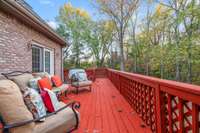 Part of the deck is uncovered.  Great spot for looking at the beautiful trees and watching the deer