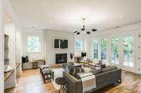 Live edge mahogany wood accents in the living room.