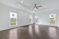 Primary suite bedroom with tray ceiling details.