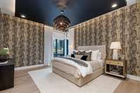 The custom design here also includes the beautifully paired window shades and gorgeous curtains throughout the home .