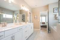 Large double bowl vanity in Owner's Bath (model home)