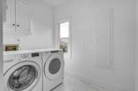 Laundry Room with beautiful lighting and built in cabinet