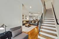 10' ceilings, Hardwood stair treads, wrought-iron banisters