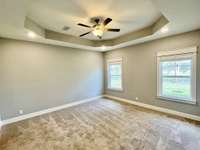 Owner's suite with tray ceiling , upgraded lighting and walk in closet