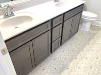 Owner's suite double vanity and graphite stained cabinets