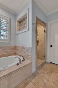 Primary Bath with separate shower and tub, double vanities and 2 large walk-in closets.