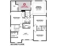 Amazing space on the second level with 4 bedrooms and loft. The bullseye notes another location that you can select to personalize your choice of a separate tub and shower or large walk-in shower.