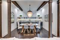 Dining room with built in wine storage and fridge.