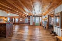 Pine beams throughout the historic log cabin.