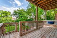 Lower Level of Covered Back Deck looks out into the lush green lawn.