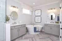 Owner's Bath with separate vanities, tile shower, and stand alone tub. Photo is of similar floorplan, not actual home.