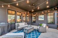 Aggregate Covered Back Porch (20' x 16') with Brick Detail, Cedar Columns, Ceiling Fan, Recessed Lighting, and TV Outlet