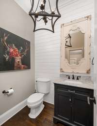The guest bathroom on the main level perfectly serves guests and showcases clean shiplap on one wall, beautiful vanity/mirror, and stylish lighting