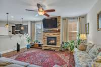 Stunning stone fireplace in the heart of the home