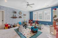 Opposite view of playroom with plantation shutters and large  finished storage closet