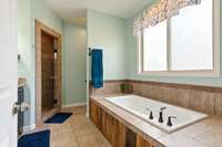 Primary bathroom - huge walk-in tiled shower and separate tub