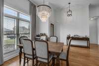 Dining area with beautiful chandelier.