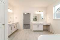 Fabulous bath layout! Separate vanities, linen closet, private water closet...large shower with free-standing tub and a window!