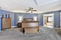 Double doors lead from the bedroom to the spa bathroom centered around a jetted spa tub.